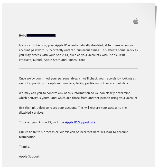Apple iCloud password reset email