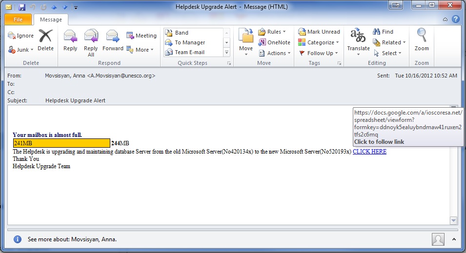 Helpdesk Upgrade Alert - Your mailbox is almost full scam
